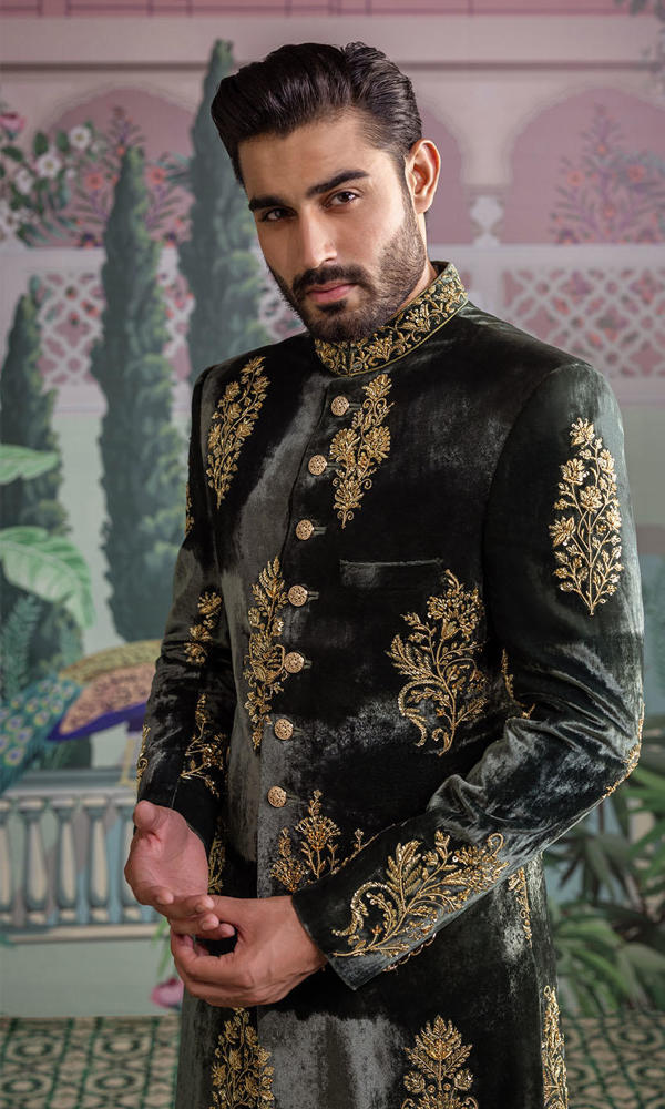 Deep Green Embroidered Velvet Sherwani (2-Piece) - Image 6
