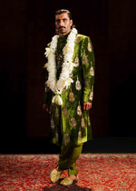 Mehndi Green Mukesh Velvet Groom Sherwani (3-Piece) - Image 2
