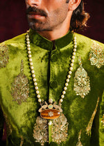 Mehndi Green Mukesh Velvet Groom Sherwani (3-Piece) - Image 3