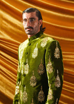 Mehndi Green Mukesh Velvet Groom Sherwani (3-Piece) - Image 4