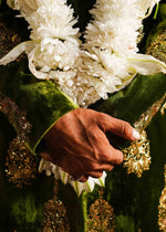 Mehndi Green Mukesh Velvet Groom Sherwani (3-Piece) - Image 5