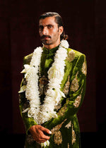 Mehndi Green Mukesh Velvet Groom Sherwani (3-Piece) - Image 6