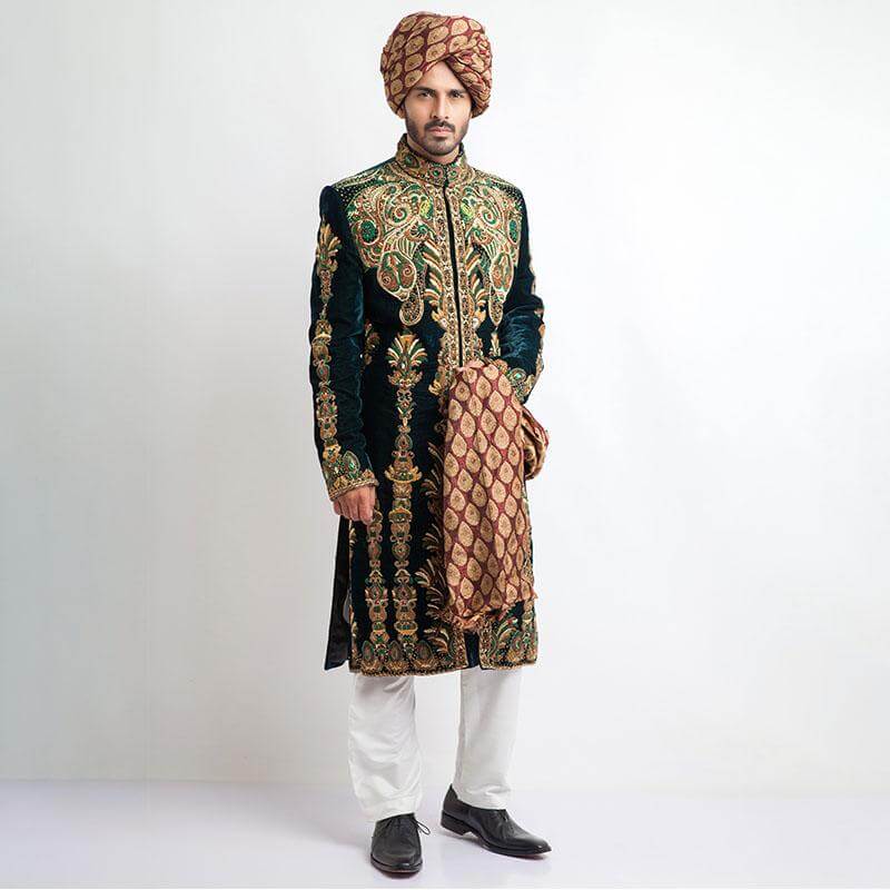 Deep Sea Green Zardozi Velvet Groom Sherwani (4-Piece) - Image 1