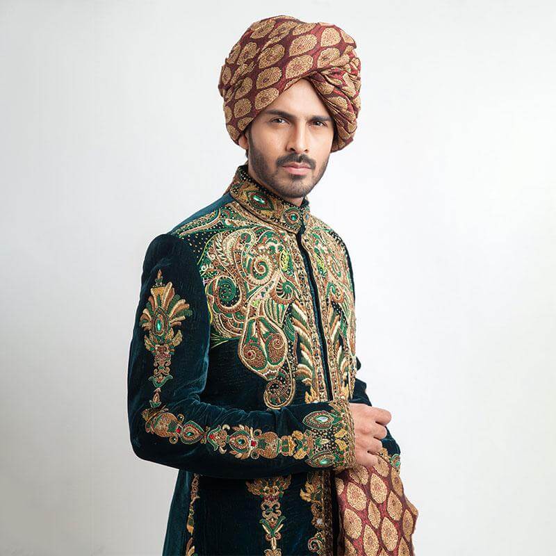 Deep Sea Green Zardozi Velvet Groom Sherwani (4-Piece) - Image 2