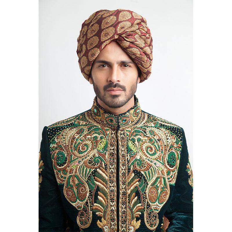 Deep Sea Green Zardozi Velvet Groom Sherwani (4-Piece) - Image 3