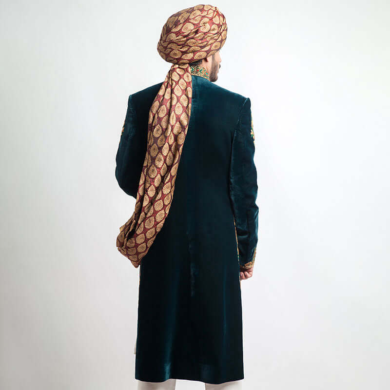 Deep Sea Green Zardozi Velvet Groom Sherwani (4-Piece) - Image 4