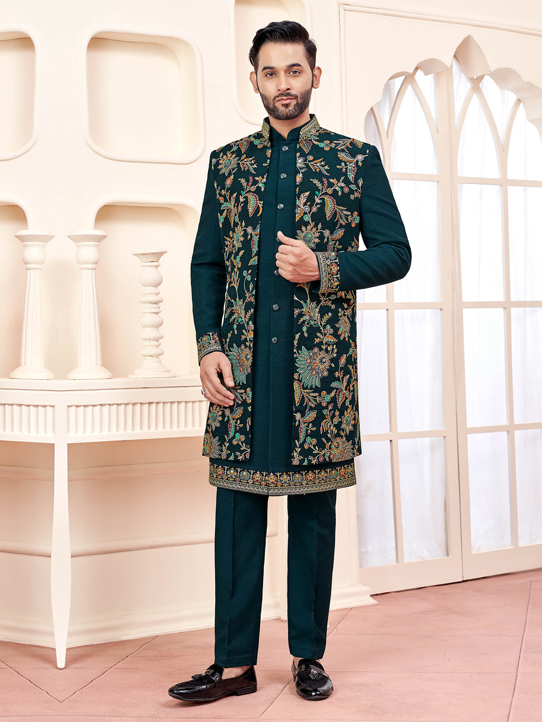 Dark Green Embroidered Silk Indo-Western Sherwani (2-Piece) - Image 1