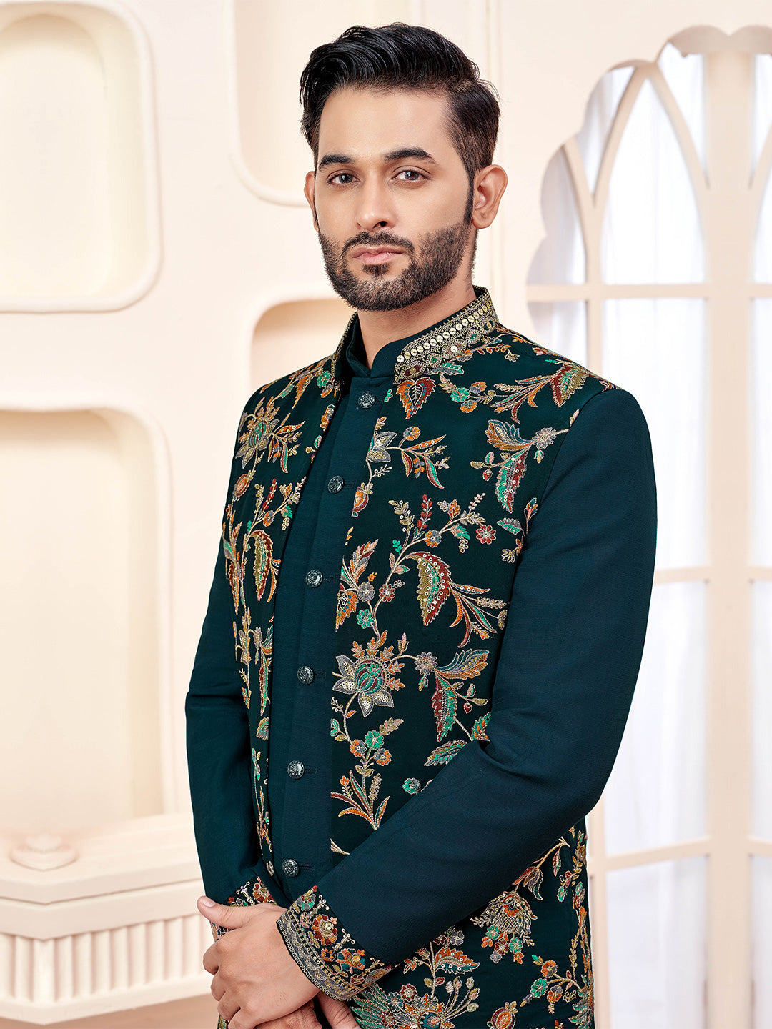 Dark Green Embroidered Silk Indo-Western Sherwani (2-Piece) - Image 2