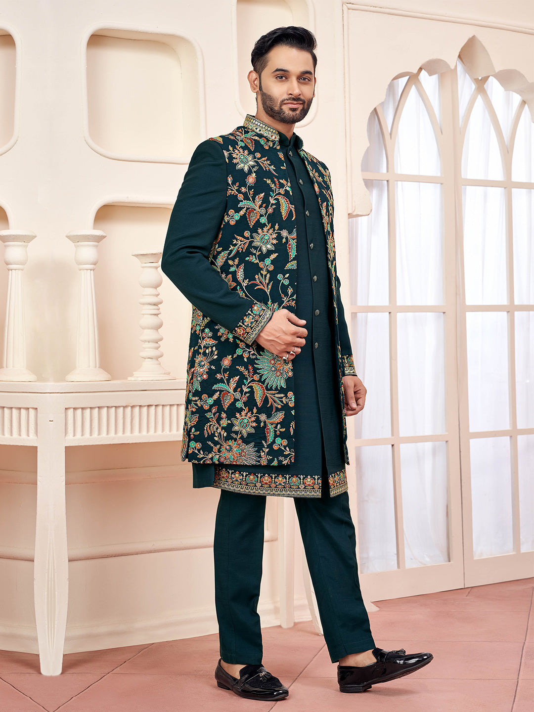 Dark Green Embroidered Silk Indo-Western Sherwani (2-Piece) - Image 3