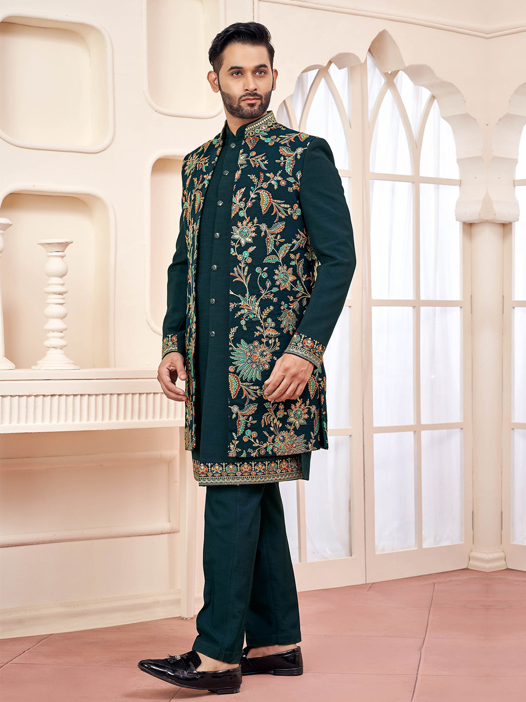 Dark Green Embroidered Silk Indo-Western Sherwani (2-Piece) - Image 4