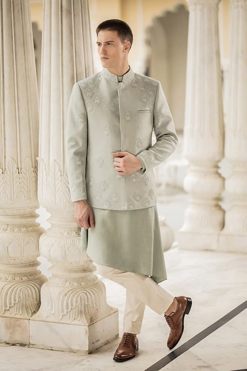 Mint Green Resham Embroidered Suede Sherwani (3-Piece) - Image 1