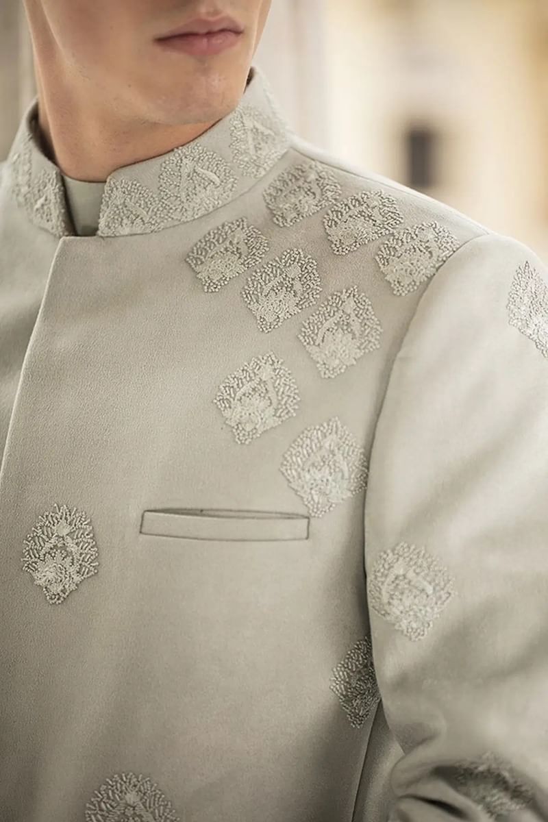 Mint Green Resham Embroidered Suede Sherwani (3-Piece) - Image 2