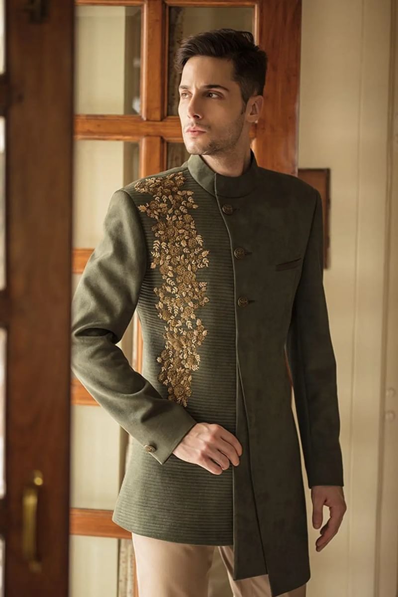 Olive Green Zardosi Suede Indo-Western Sherwani (2-Piece) - Image 1