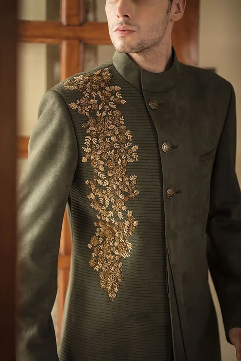Olive Green Zardosi Suede Indo-Western Sherwani (2-Piece) - Image 2