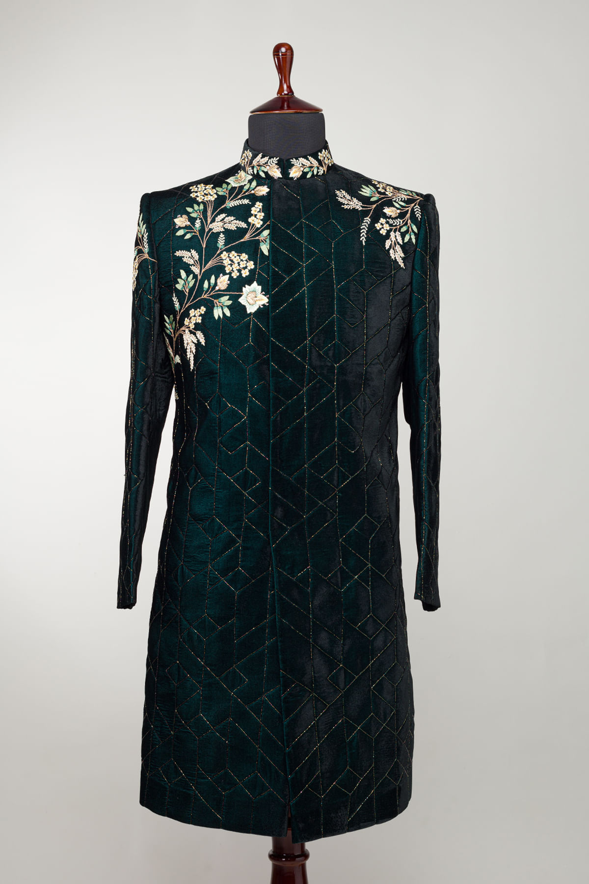 Dark Peacock Green Zardozi Suede Sherwani (1-Pc) - Image 1