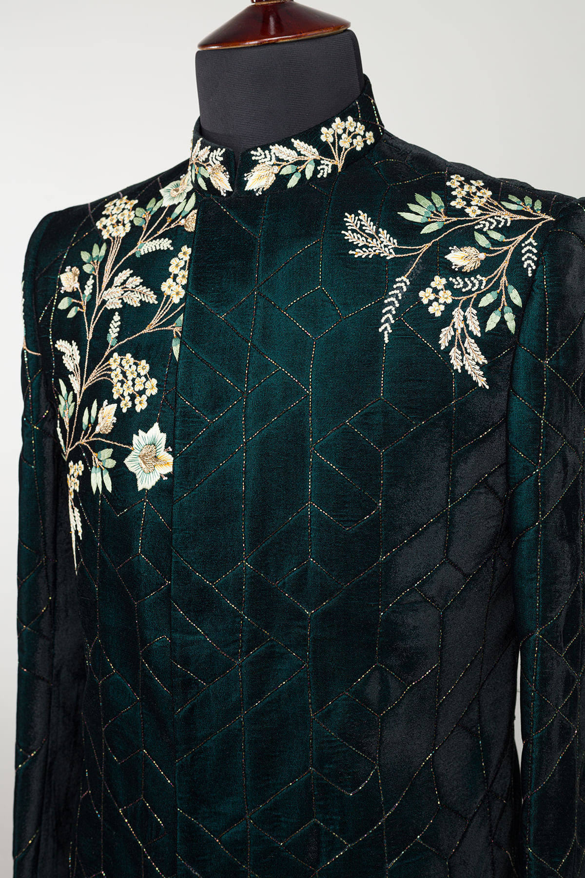 Dark Peacock Green Zardozi Suede Sherwani (1-Pc) - Image 2