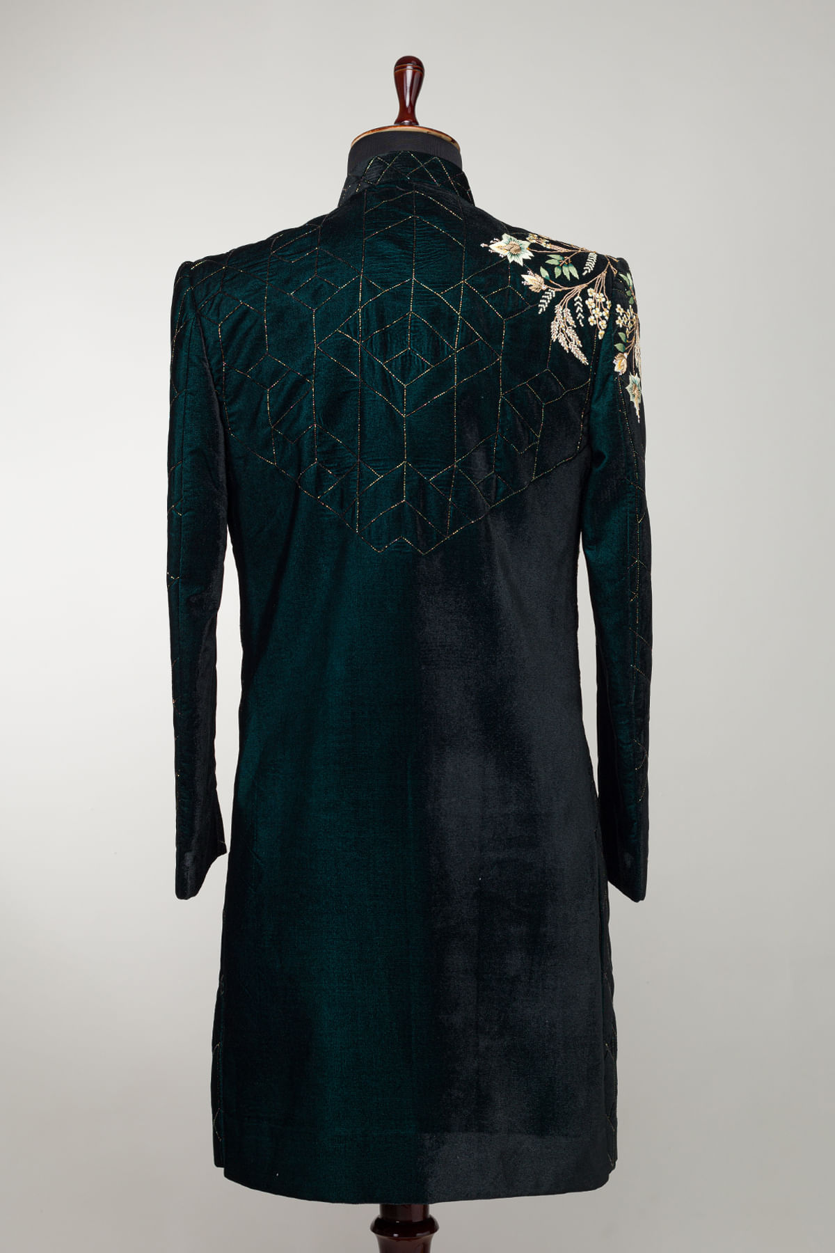Dark Peacock Green Zardozi Suede Sherwani (1-Pc) - Image 3