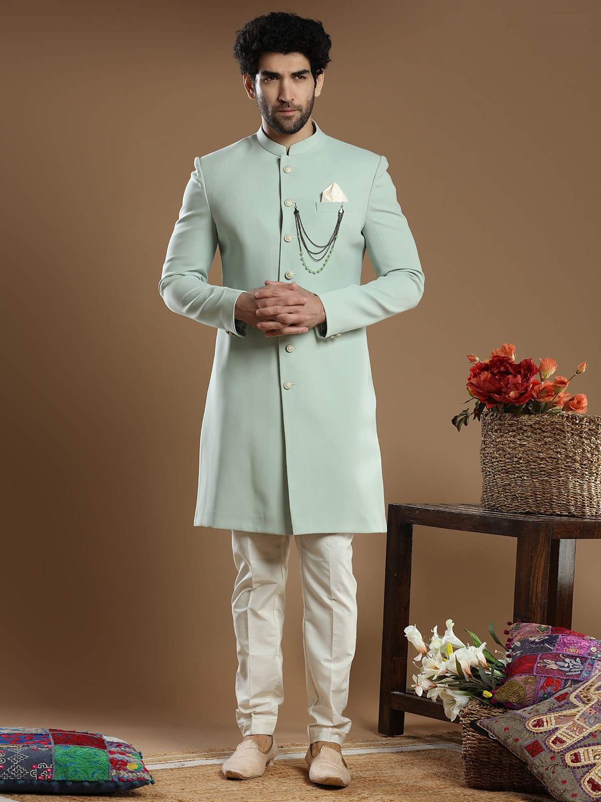 Pista Green Terry Rayon Indo Western Sherwani (2-Piece) - Image 1