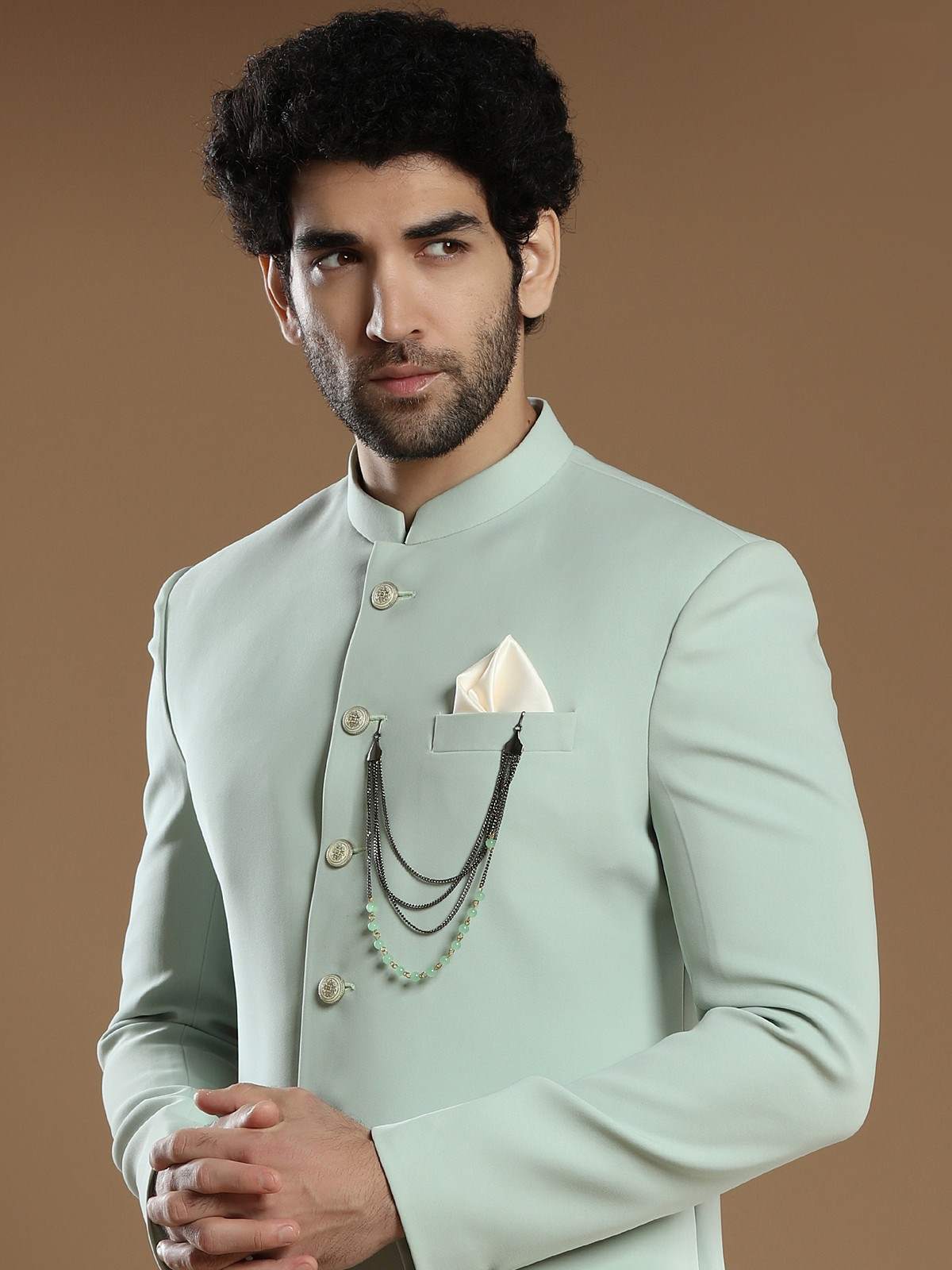 Pista Green Terry Rayon Indo Western Sherwani (2-Piece) - Image 2