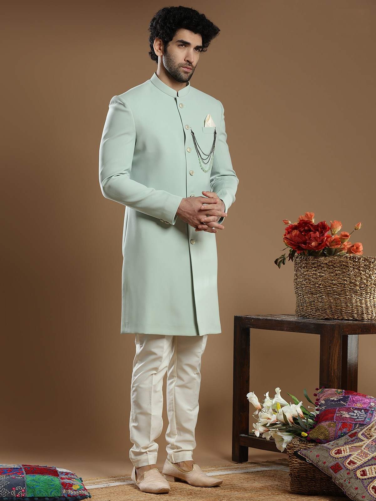 Pista Green Terry Rayon Indo Western Sherwani (2-Piece) - Image 3