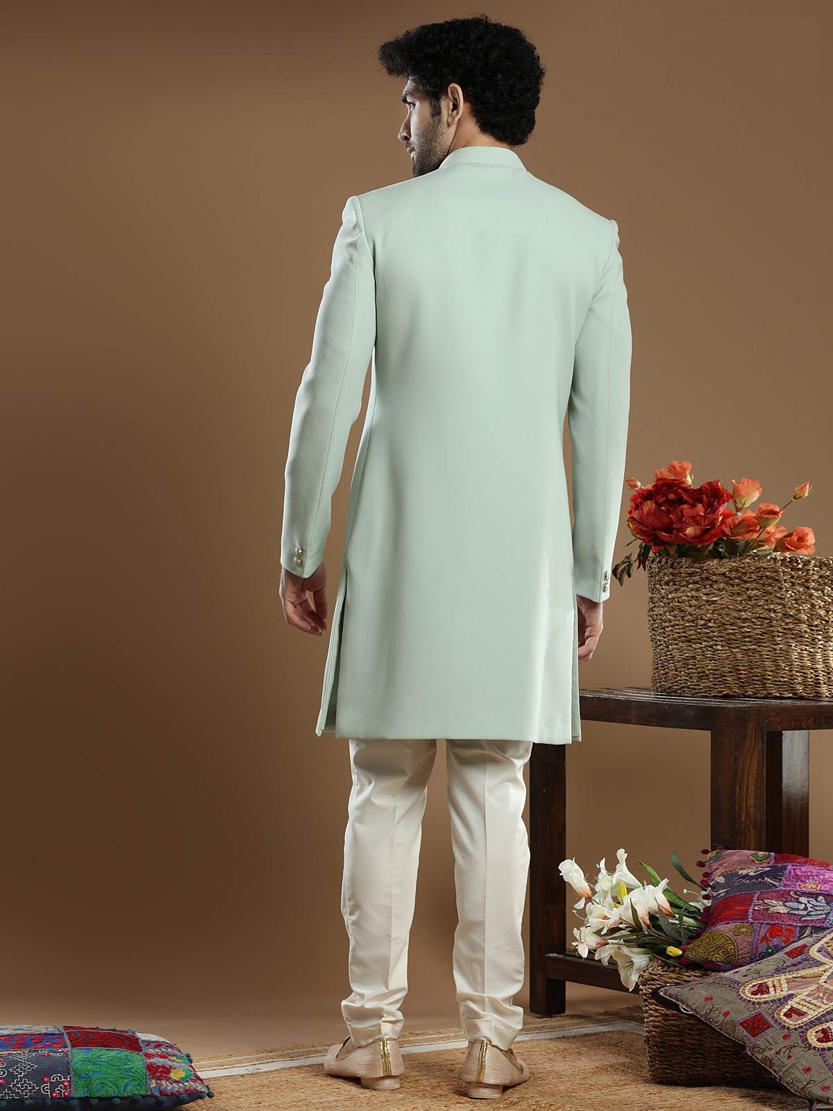 Pista Green Terry Rayon Indo Western Sherwani (2-Piece) - Image 4