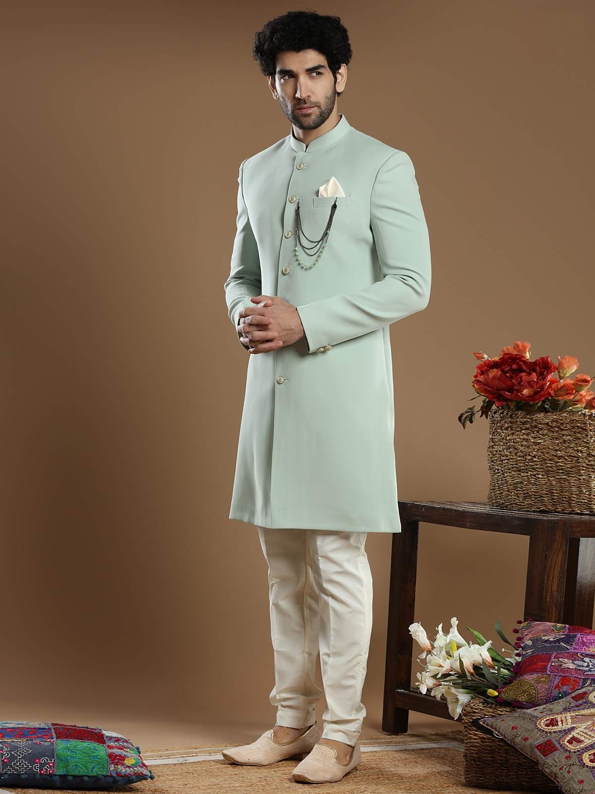 Pista Green Terry Rayon Indo Western Sherwani (2-Piece) - Image 5