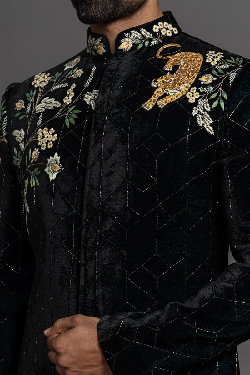 Dark Green Velvet Sherwani with Cutdana & Stone Work (2-Piece) - Image 2