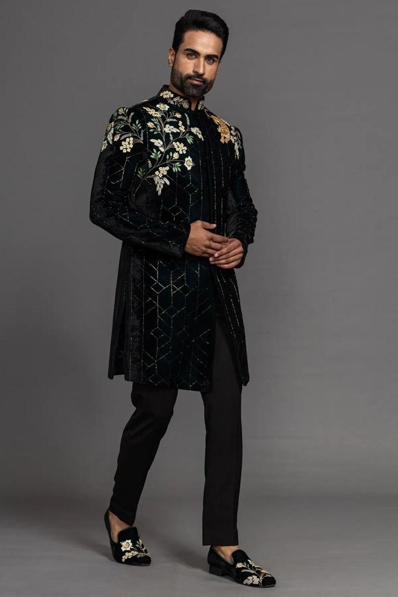Dark Green Velvet Sherwani with Cutdana & Stone Work (2-Piece) - Image 3