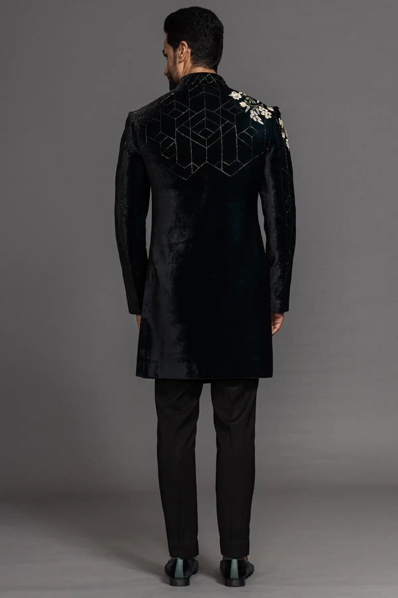 Dark Green Velvet Sherwani with Cutdana & Stone Work (2-Piece) - Image 4