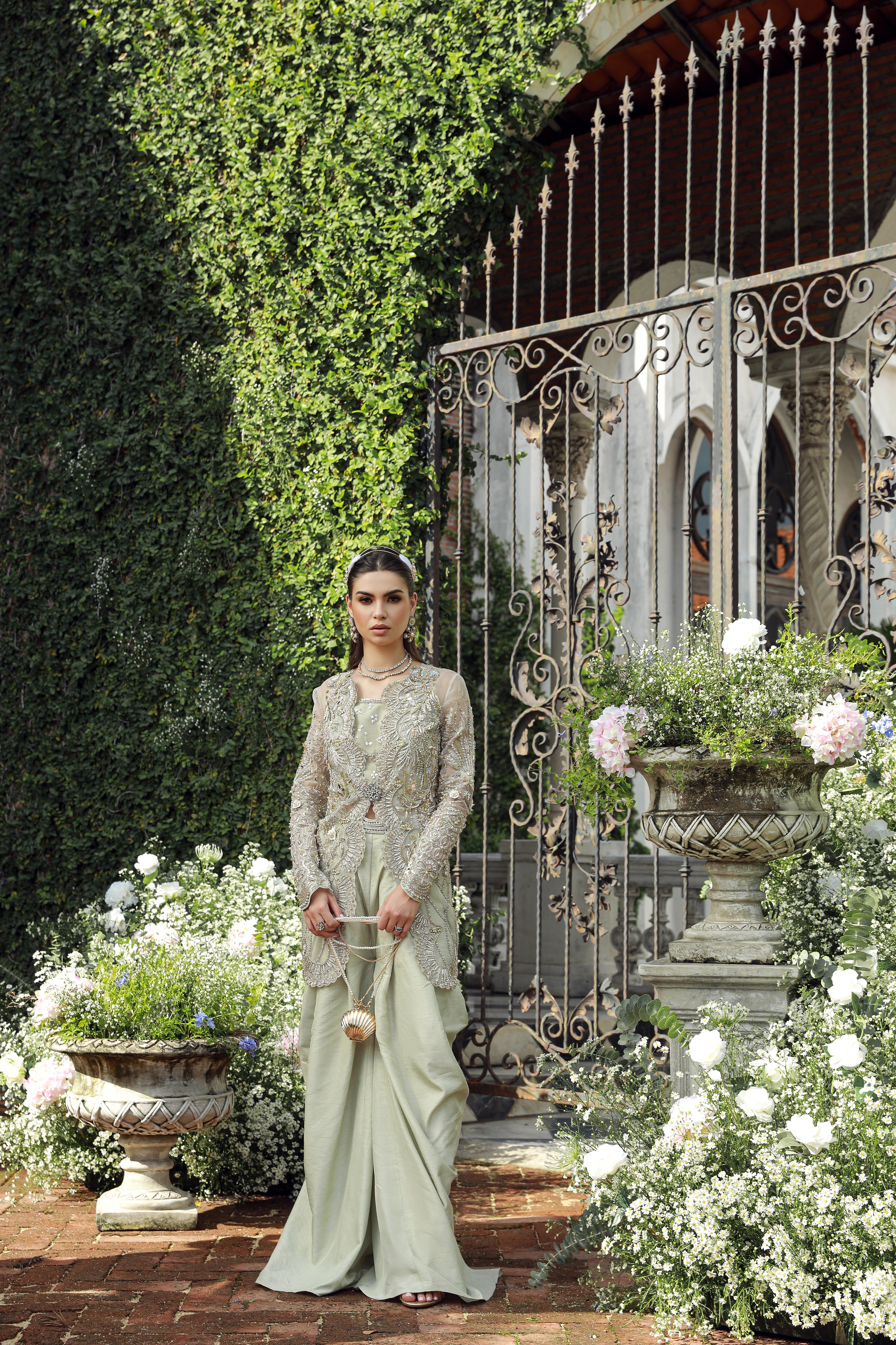 Tea Green Embellished Net Jacket & Draped Trousers (3-Piece) - Image 1