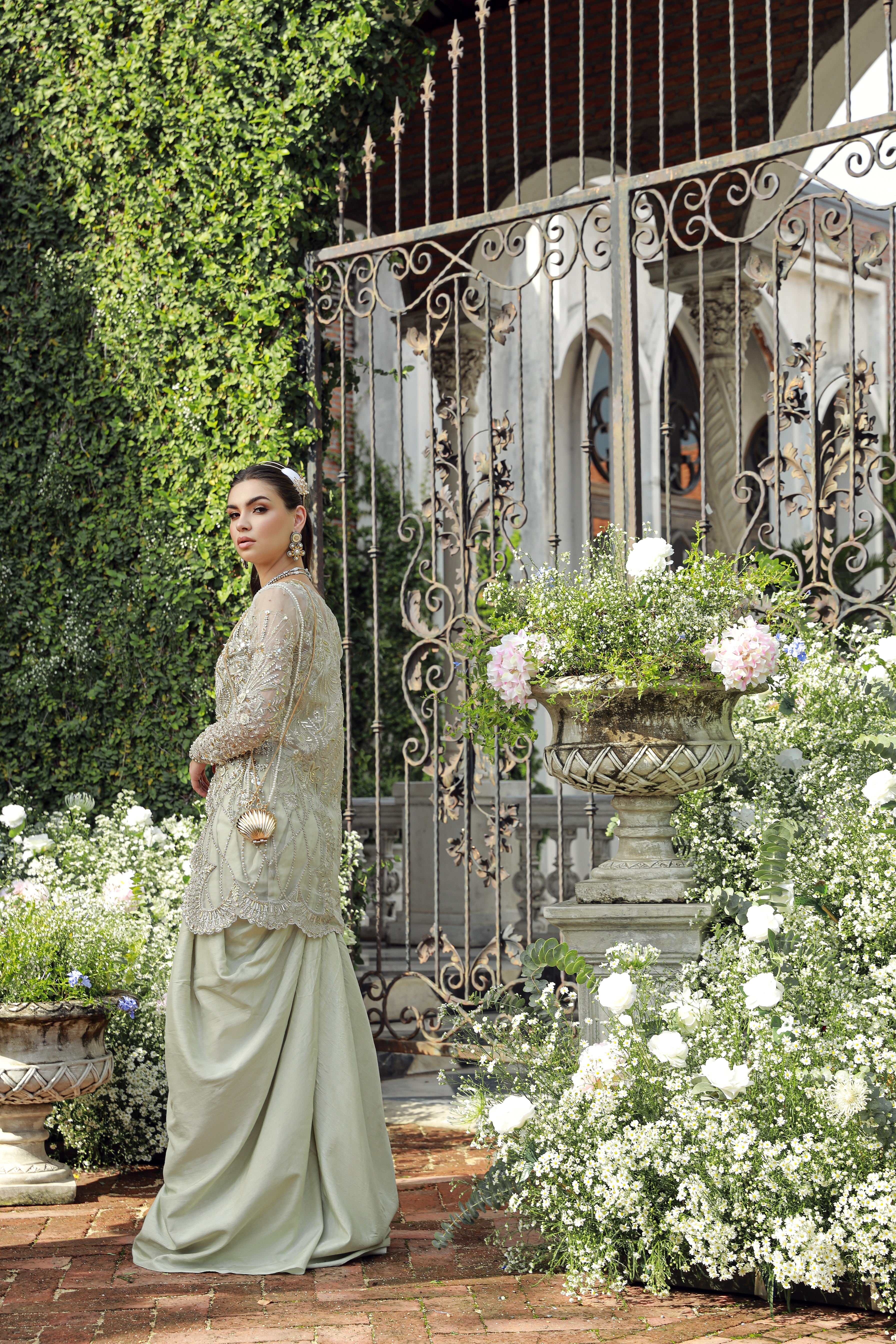 Tea Green Embellished Net Jacket & Draped Trousers (3-Piece) - Image 2