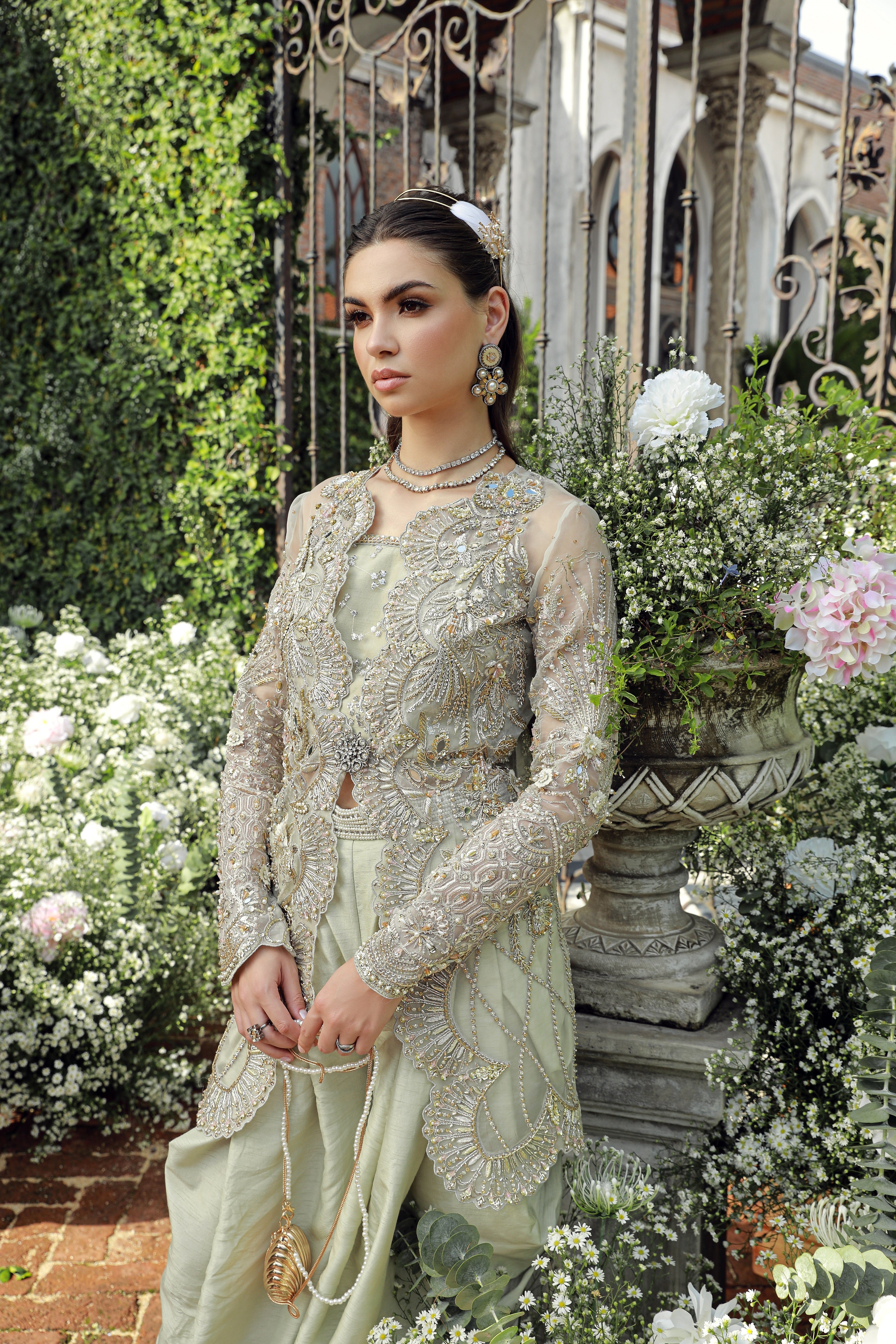 Tea Green Embellished Net Jacket & Draped Trousers (3-Piece) - Image 3