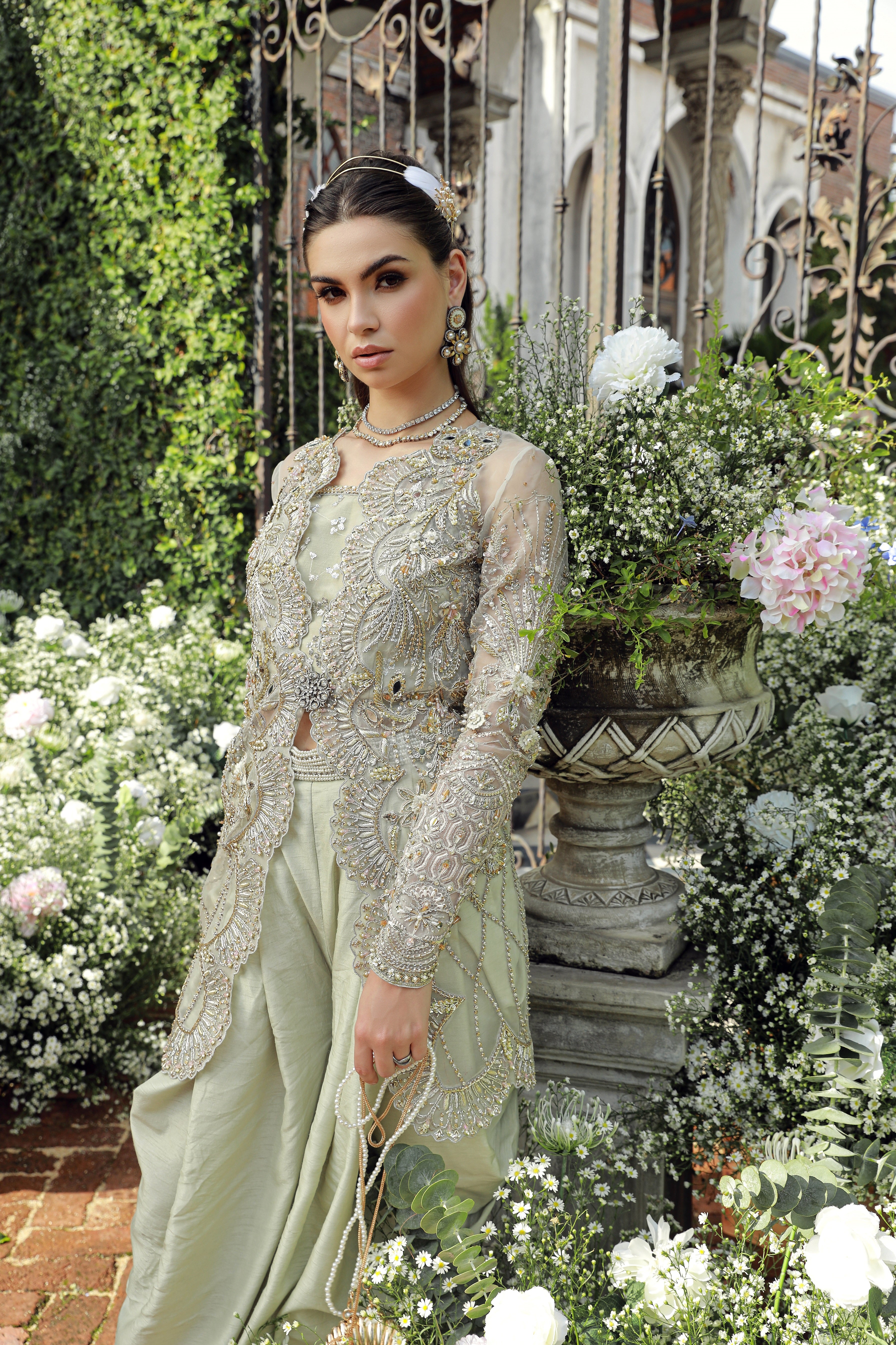 Tea Green Embellished Net Jacket & Draped Trousers (3-Piece) - Image 5