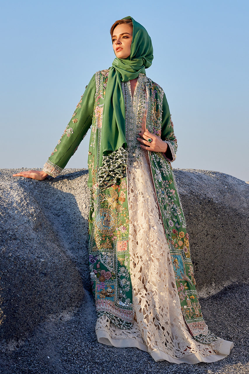 Green Zardozi Embroidered Raw Silk Long Jacket (3-Piece) - Image 1