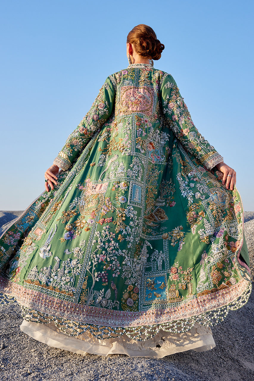 Green Zardozi Embroidered Raw Silk Long Jacket (3-Piece) - Image 2