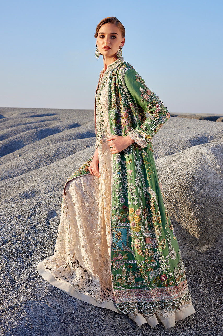 Green Zardozi Embroidered Raw Silk Long Jacket (3-Piece) - Image 3