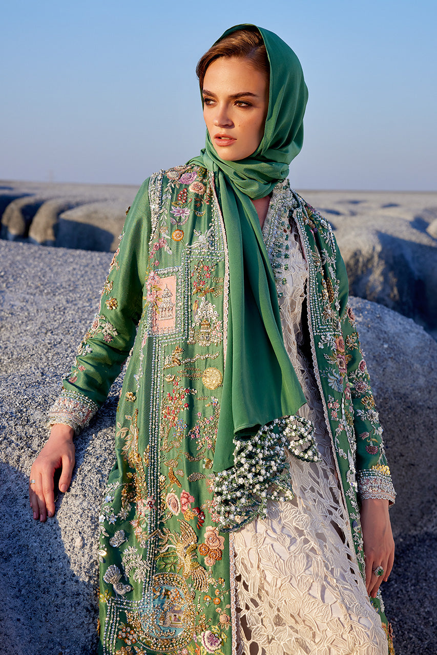Green Zardozi Embroidered Raw Silk Long Jacket (3-Piece) - Image 4