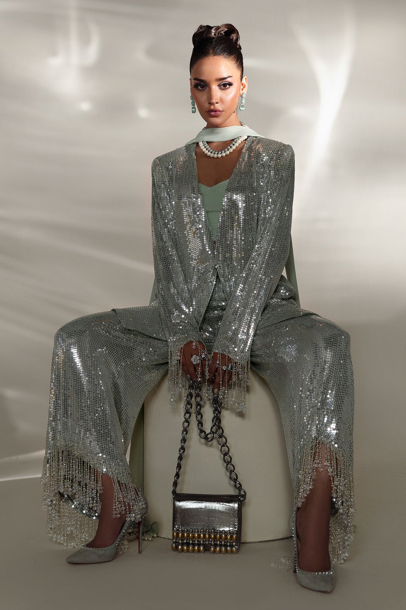 Mint Sequined Chiffon Satin & Raw Silk Jacket Set (4-Piece) - Image 2