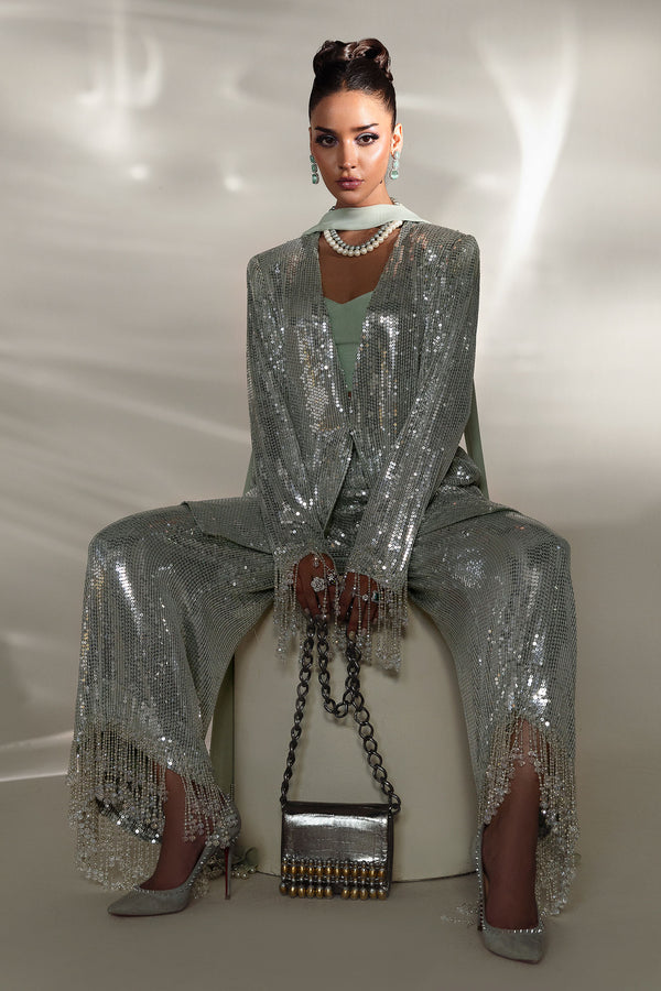 Mint Sequined Chiffon Satin & Raw Silk Jacket Set (4-Piece) - Image 4