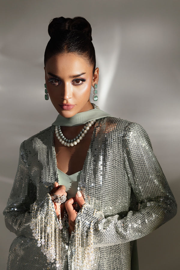 Mint Sequined Chiffon Satin & Raw Silk Jacket Set (4-Piece) - Image 5
