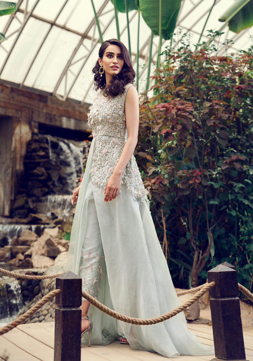 Pistachio Green Embroidered Organza Long Jacket (2-Piece) - Image 1