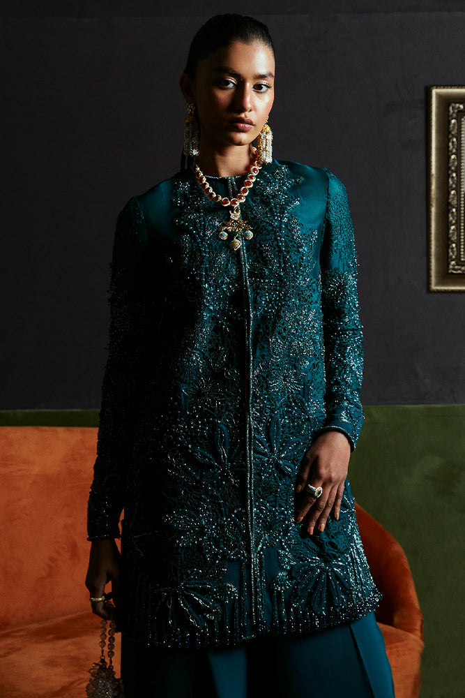 Pakistani Teal Green Embellished Organza Jacket Set (3-Piece) - Image 3