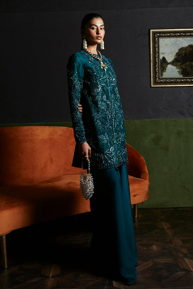 Pakistani Teal Green Embellished Organza Jacket Set (3-Piece) - Image 4