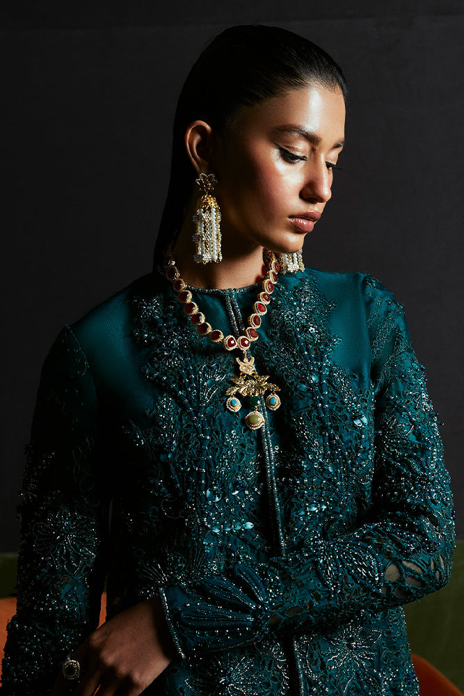 Pakistani Teal Green Embellished Organza Jacket Set (3-Piece) - Image 6