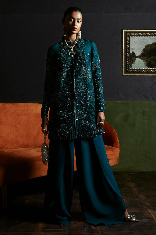 Pakistani Teal Green Embellished Organza Jacket Set (3-Piece) - Image 7