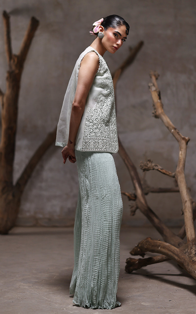 Pakistani Mint Embroidered Organza Jacket & Chiffon Trousers (2-Piece) - Image 2