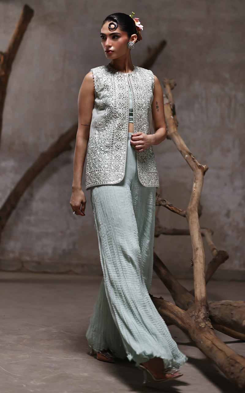 Pakistani Mint Embroidered Organza Jacket & Chiffon Trousers (2-Piece) - Image 4