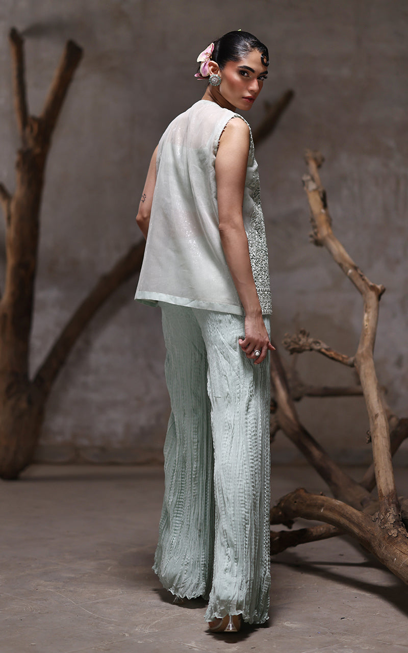 Pakistani Mint Embroidered Organza Jacket & Chiffon Trousers (2-Piece) - Image 5