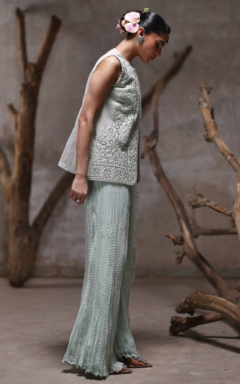 Pakistani Mint Embroidered Organza Jacket & Chiffon Trousers (2-Piece) - Image 6