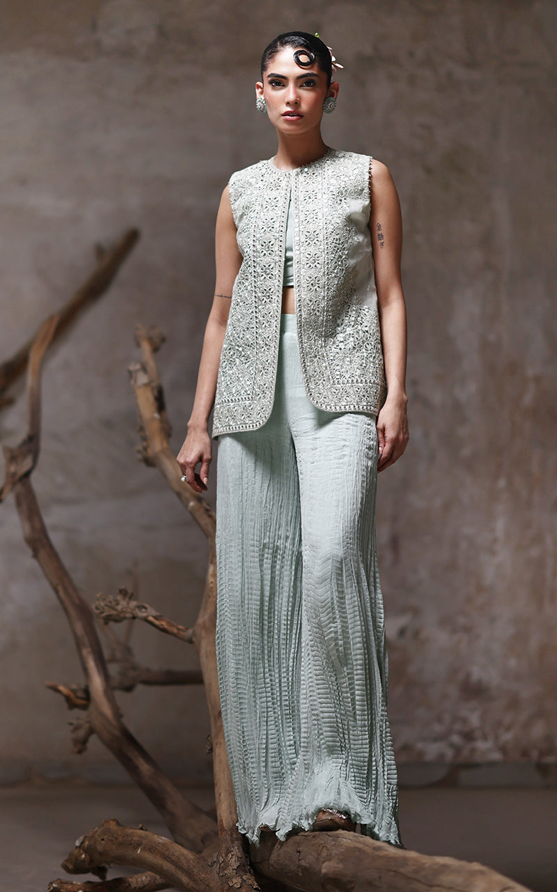 Pakistani Mint Embroidered Organza Jacket & Chiffon Trousers (2-Piece) - Image 7